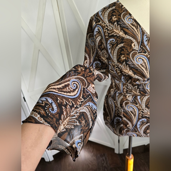 Milano - Brown Paisley Wrap Blouse with Blue Accents & Long Bell Sleeves - Picture 4 of 10